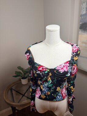 Leyden Floral Off Shoulder Crop Top Womens Small Boho Cottagecore Puff Sleeve